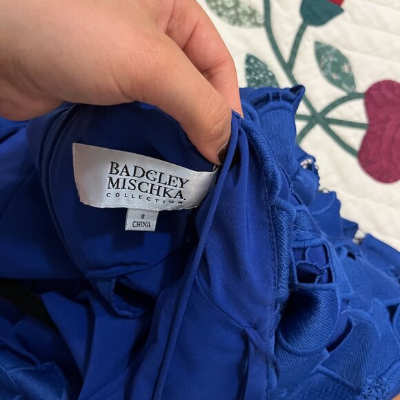 Badgely Mischka Collection Long Halter Lace Gown Royal Blue - Picture 7 of 7